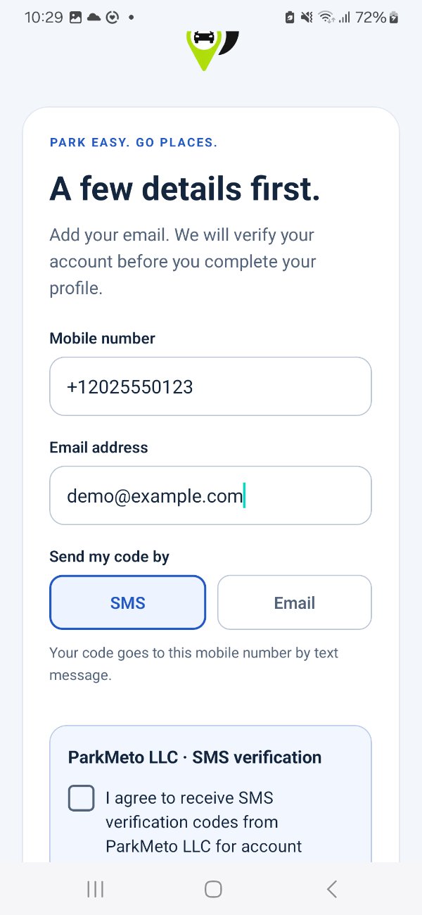 New users enter their mobile number and email, then choose SMS as the delivery method.